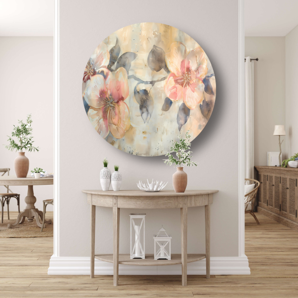 Bloeiende abstractie in aquarel met zachte tinten forex muurcirkel
