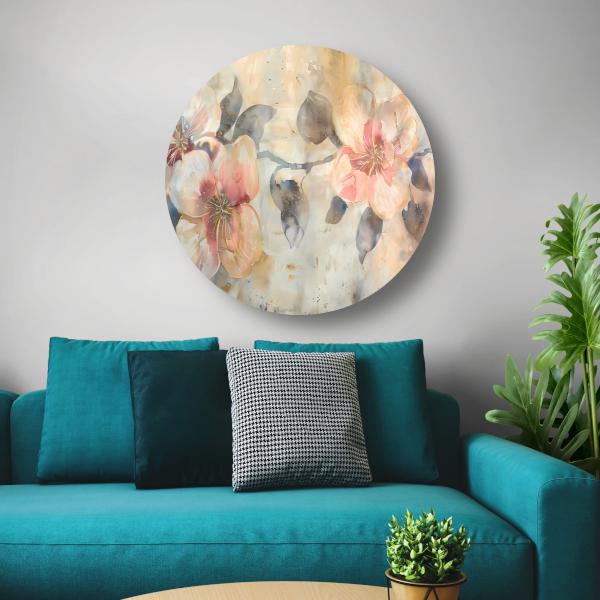 Bloeiende abstractie in aquarel met zachte tinten forex muurcirkel