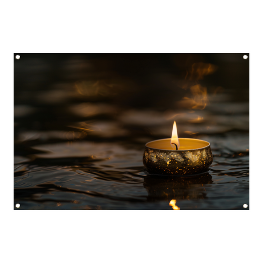 Sfeervolle kaars met gouden details op donker water tuinposter