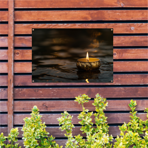 Sfeervolle kaars met gouden details op donker water tuinposter