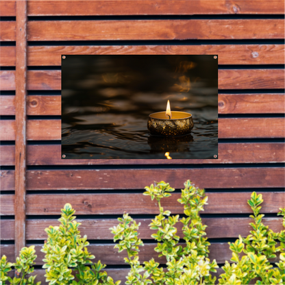 Sfeervolle kaars met gouden details op donker water tuinposter