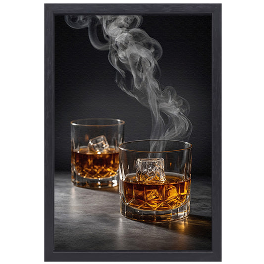 Elegante whiskeyglazen met rook op zwarte achtergrond canvas met baklijst