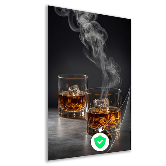 Elegante whiskeyglazen met rook op zwarte achtergrond poster