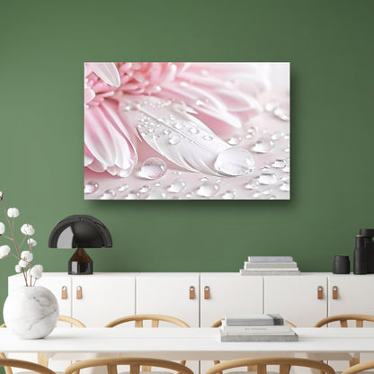 Veer en dauwdruppels met roze bloem poster