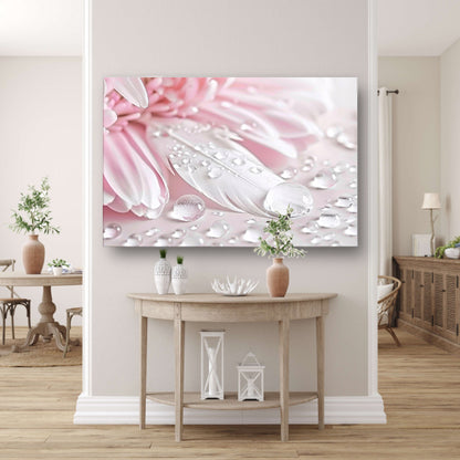 Veer en dauwdruppels met roze bloem acrylglas