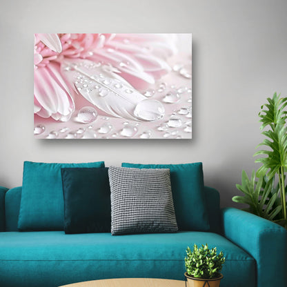 Veer en dauwdruppels met roze bloem canvas