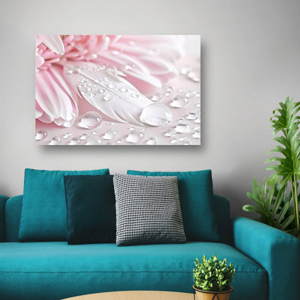 Veer en dauwdruppels met roze bloem poster