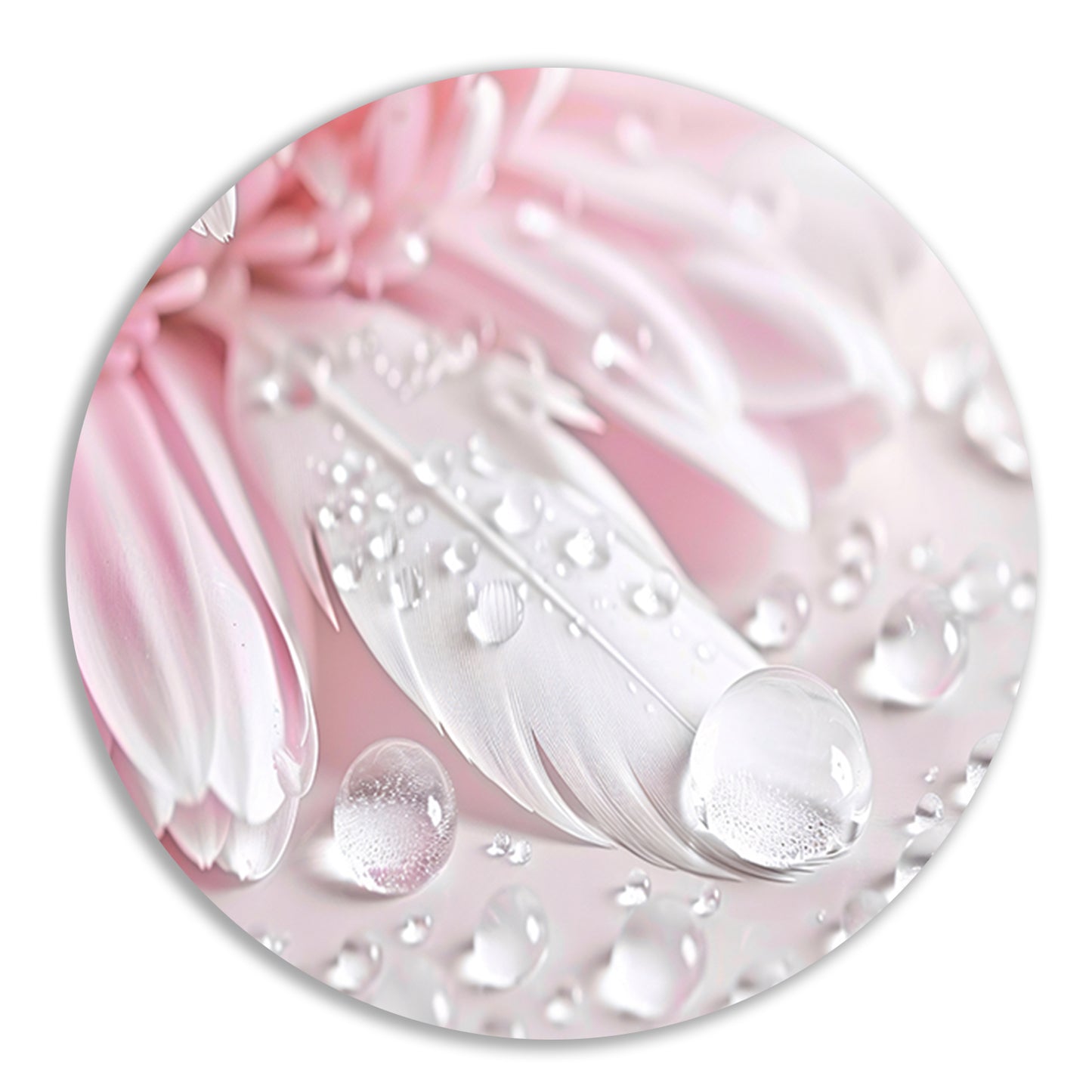 Veer en dauwdruppels met roze bloem aluminium muurcirkel
