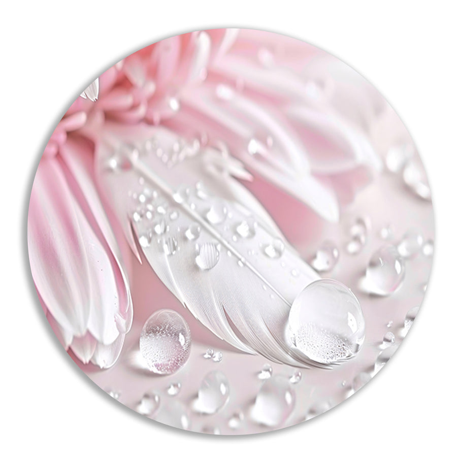 Veer en dauwdruppels met roze bloem aluminium muurcirkel