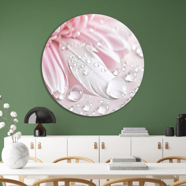 Veer en dauwdruppels met roze bloem aluminium muurcirkel