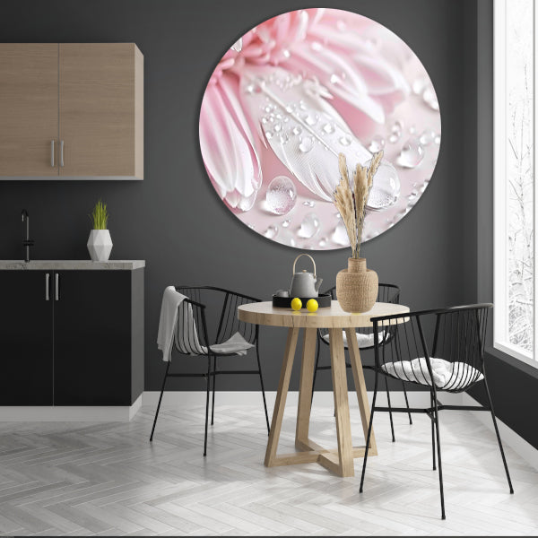 Veer en dauwdruppels met roze bloem aluminium muurcirkel
