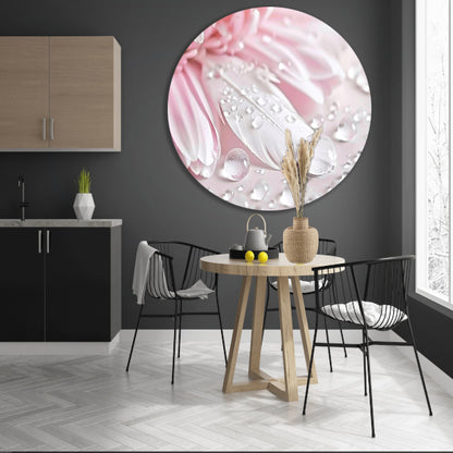 Veer en dauwdruppels met roze bloem aluminium muurcirkel