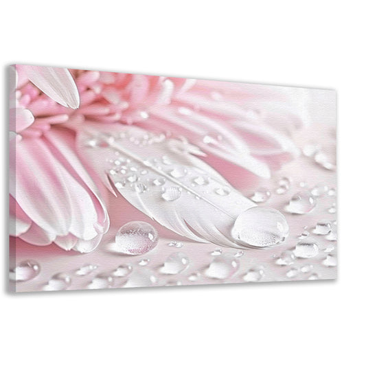 Veer en dauwdruppels met roze bloem canvas