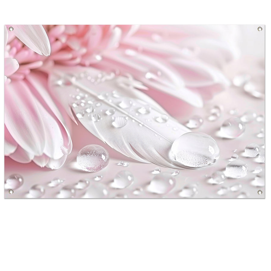 Veer en dauwdruppels met roze bloem tuinposter