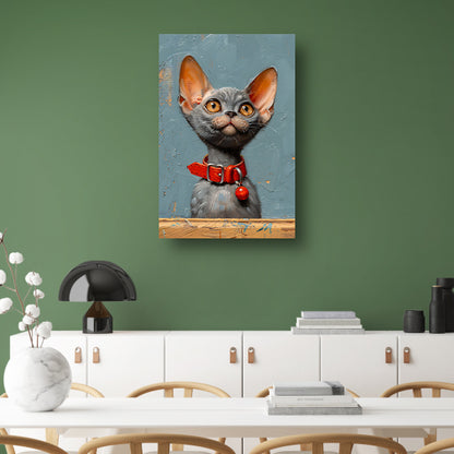 Schattige grijze kat met rode halsband poster