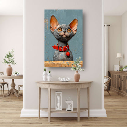 Schattige grijze kat met rode halsband poster