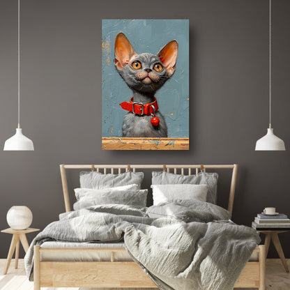 Schattige grijze kat met rode halsband poster