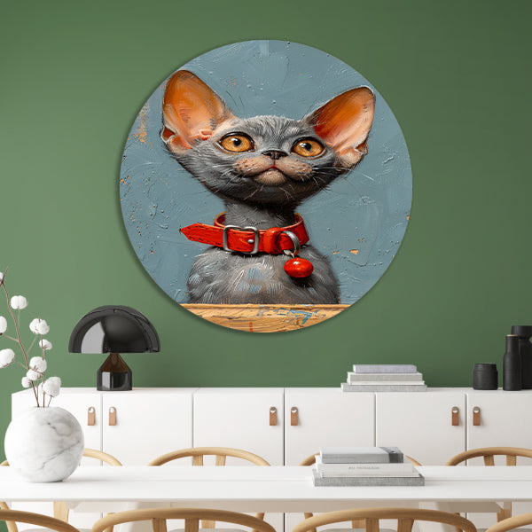 Schattige grijze kat met rode halsband aluminium muurcirkel
