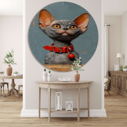 Schattige grijze kat met rode halsband aluminium muurcirkel