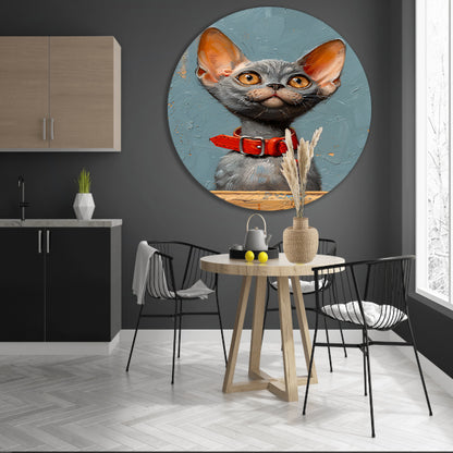Schattige grijze kat met rode halsband aluminium muurcirkel