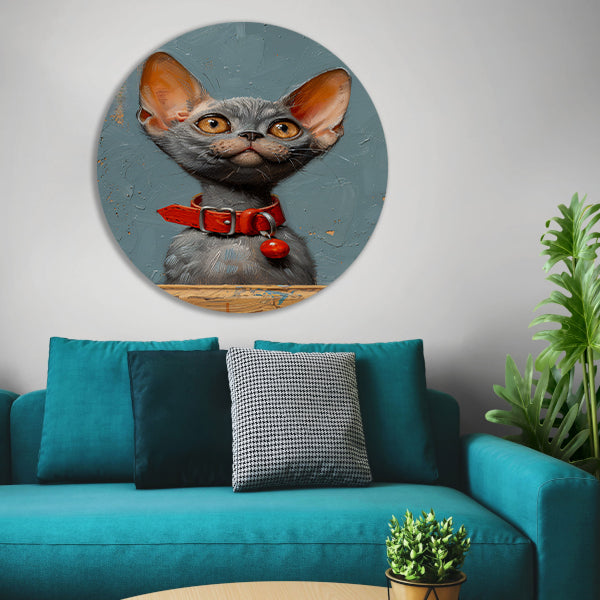 Schattige grijze kat met rode halsband aluminium muurcirkel