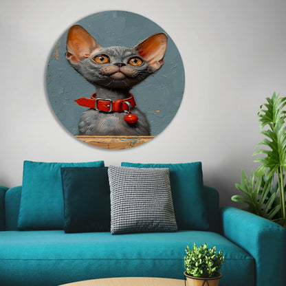Schattige grijze kat met rode halsband aluminium muurcirkel