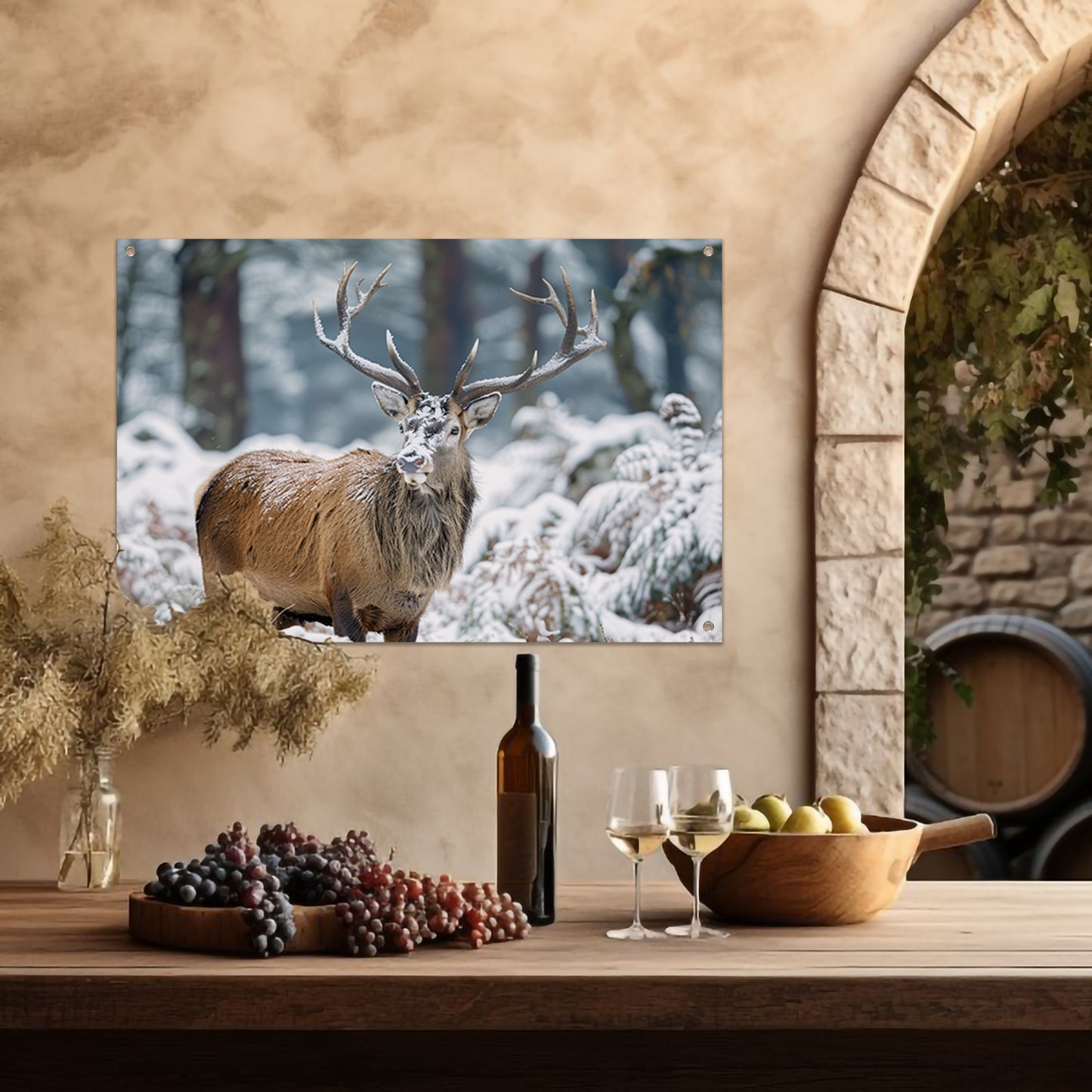Hert met imposant gewei in winterlandschap   tuinposter