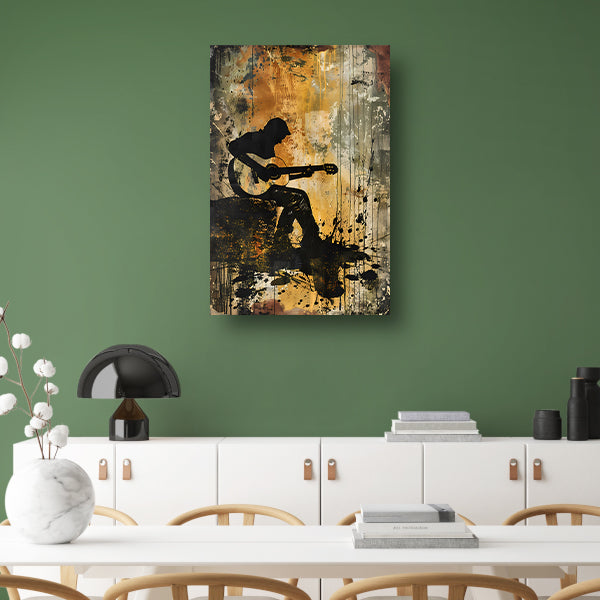 Abstracte silhouet van gitarist in kleur   poster