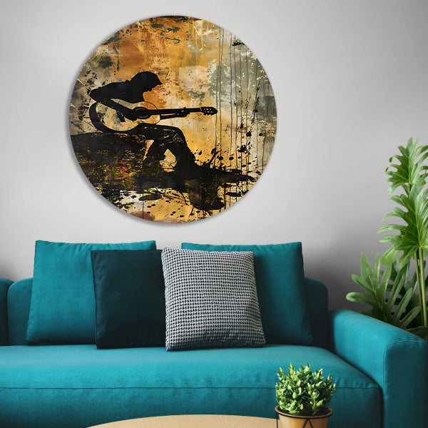 Abstracte silhouet van gitarist in kleur   forex muurcirkel