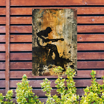 Abstracte silhouet van gitarist in kleur   tuinposter