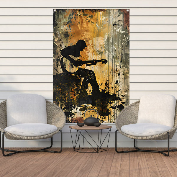 Abstracte silhouet van gitarist in kleur   tuinposter