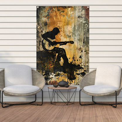 Abstracte silhouet van gitarist in kleur   tuinposter
