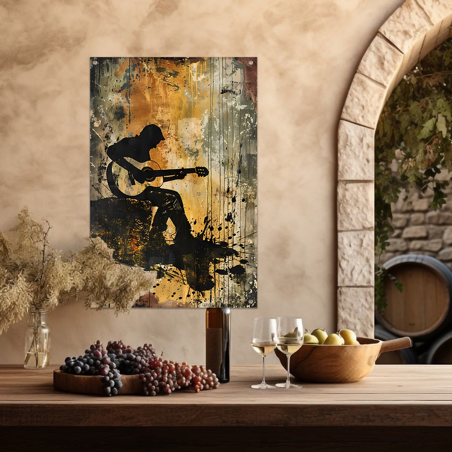 Abstracte silhouet van gitarist in kleur   tuinposter