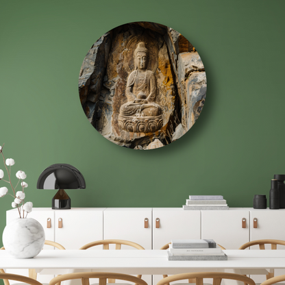 Serene Boeddha Uitgehakt in Rotswand aluminium muurcirkel
