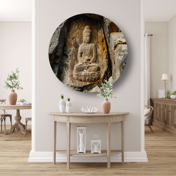 Serene Boeddha Uitgehakt in Rotswand aluminium muurcirkel