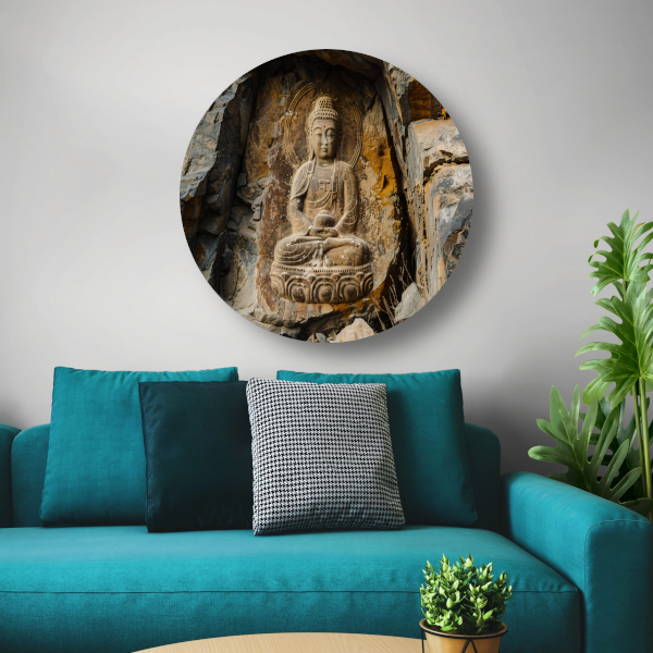 Serene Boeddha Uitgehakt in Rotswand aluminium muurcirkel