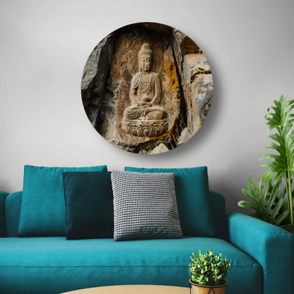 Serene Boeddha Uitgehakt in Rotswand aluminium muurcirkel