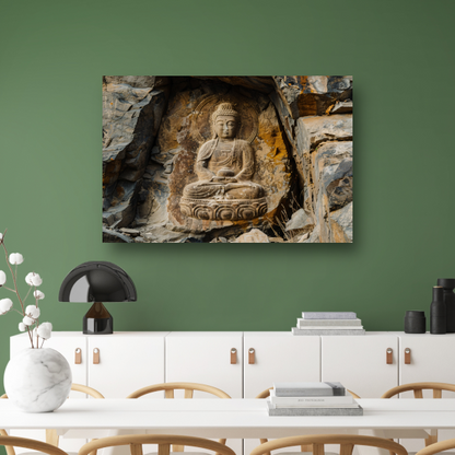 Serene Boeddha Uitgehakt in Rotswand canvas