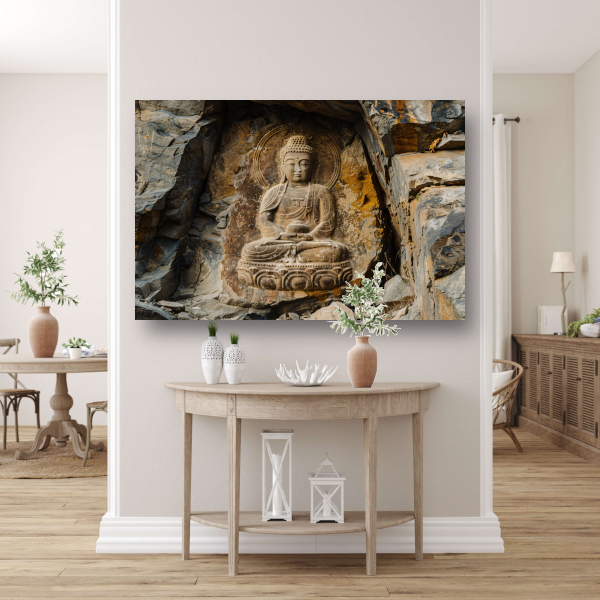 Serene Boeddha Uitgehakt in Rotswand canvas