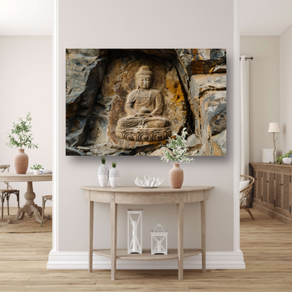 Serene Boeddha Uitgehakt in Rotswand canvas