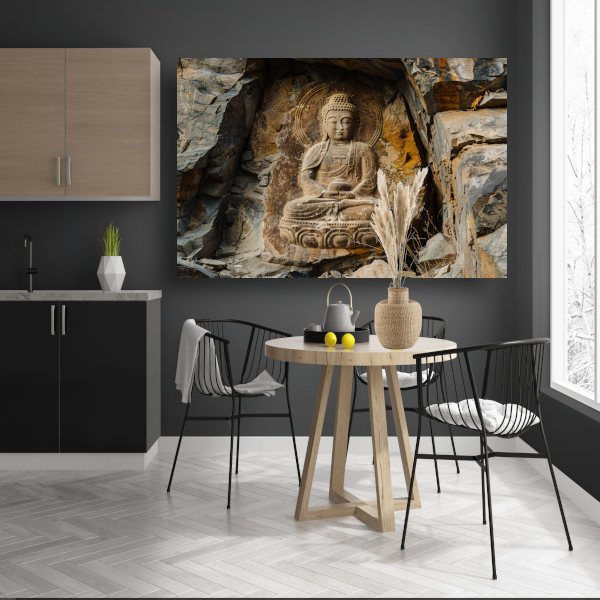 Serene Boeddha Uitgehakt in Rotswand canvas