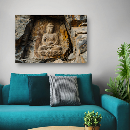 Serene Boeddha Uitgehakt in Rotswand canvas