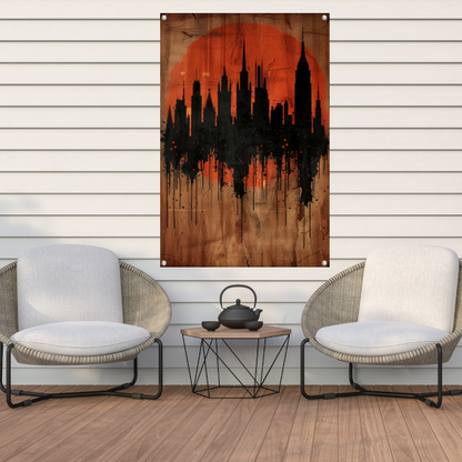 Moderne Abstracte Stadssilhouet met Oranje Zonsondergang tuinposter