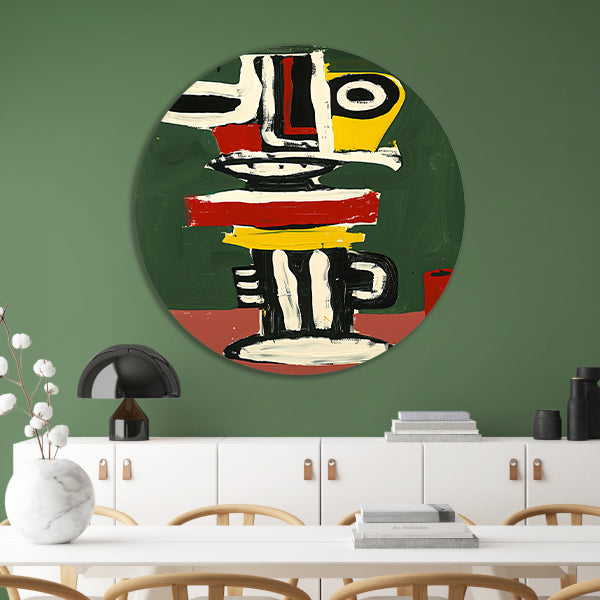 Abstract expressief gezicht schilderij in kleuren aluminium muurcirkel