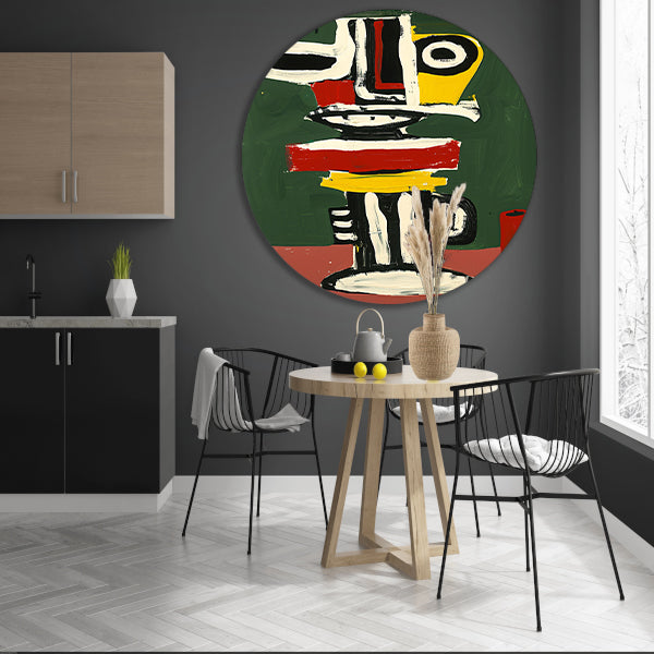 Abstract expressief gezicht schilderij in kleuren aluminium muurcirkel