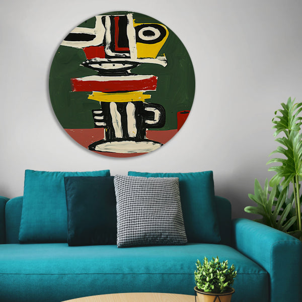 Abstract expressief gezicht schilderij in kleuren aluminium muurcirkel
