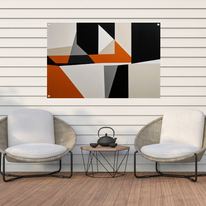 Abstract geometrisch spel van oranje en zwart tuinposter
