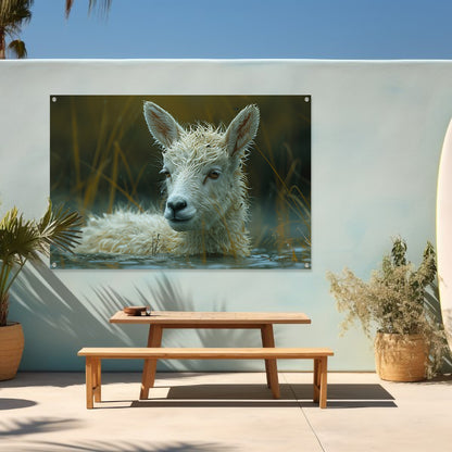 Schaap dobbert vredig in meer tuinposter