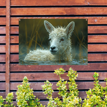 Schaap dobbert vredig in meer tuinposter