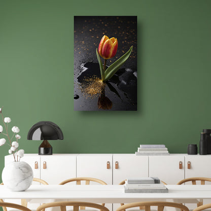 Tulp met Gouden Glitters op Zwarte Ondergrond acrylglas